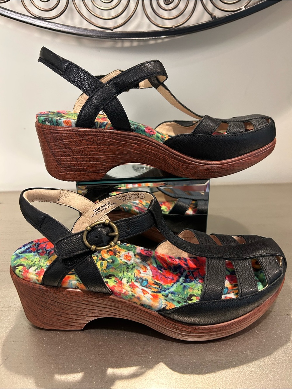 Alegria Black Leather Wedge Sandals with Multicolor Floral Footbed